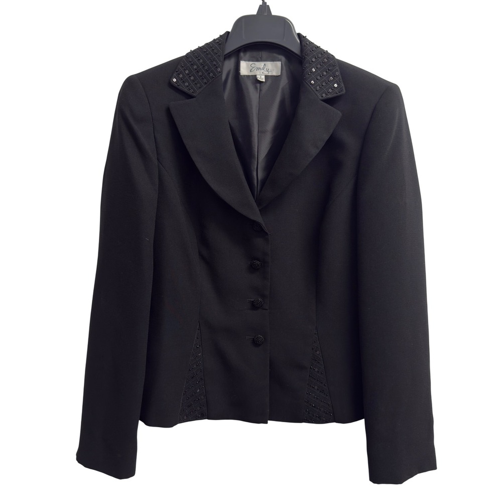 Emily Womens Black Beaded Sequin Collar Blazer Jacket Size 8 Evening Formal